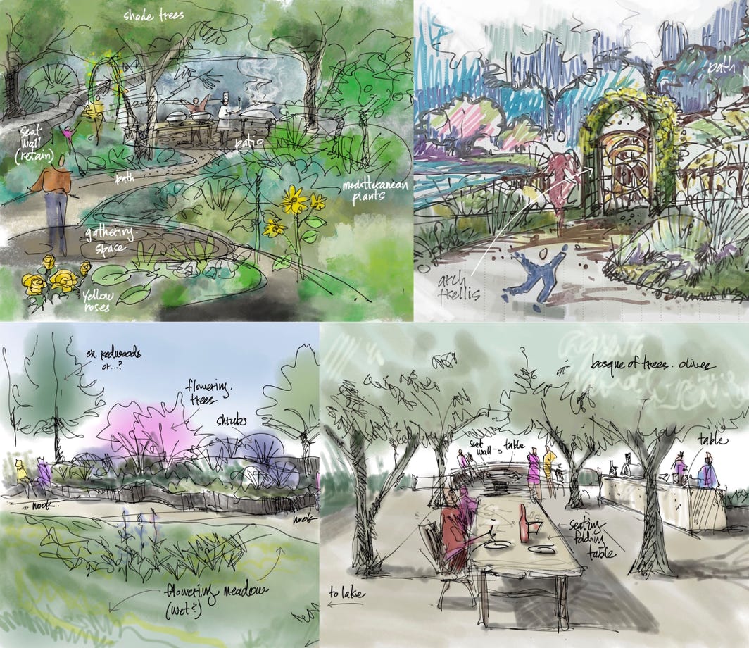 sketches for a family gathering space with surrounding gardens