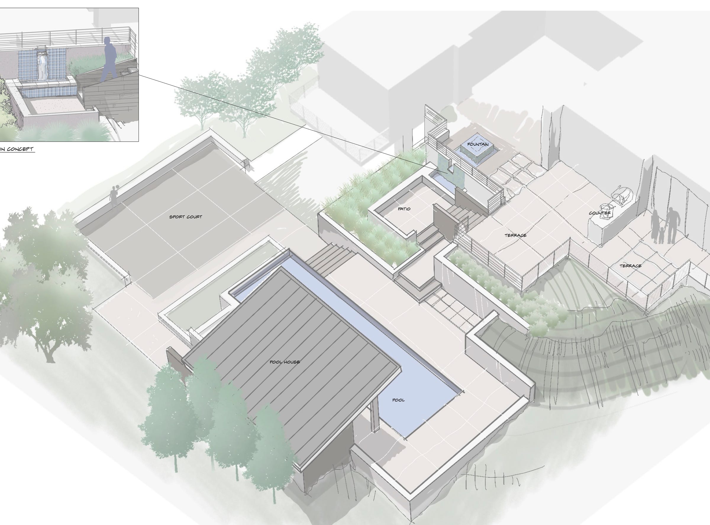 Aerial view of a design for a steeply sloped back yard